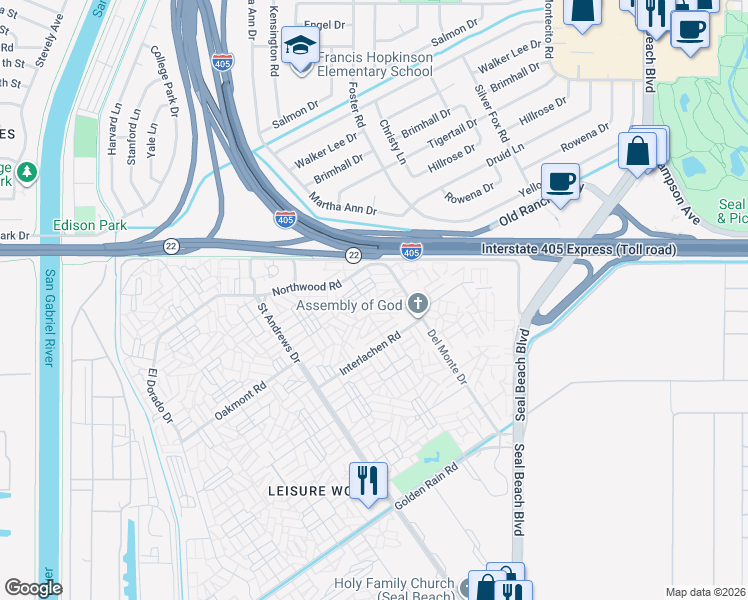 map of restaurants, bars, coffee shops, grocery stores, and more near 13100 Shawnee Lane in Seal Beach