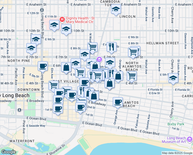 map of restaurants, bars, coffee shops, grocery stores, and more near 438 Zona Court in Long Beach