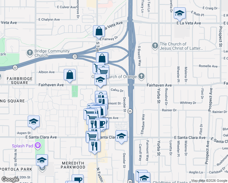 map of restaurants, bars, coffee shops, grocery stores, and more near 2614 Ponderosa Street in Santa Ana
