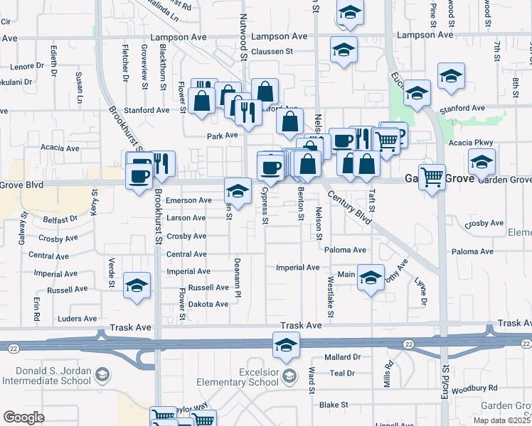 map of restaurants, bars, coffee shops, grocery stores, and more near 13116 Cypress Street in Garden Grove