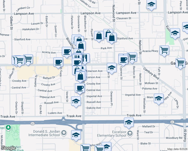 map of restaurants, bars, coffee shops, grocery stores, and more near 10141 Larson Avenue in Garden Grove