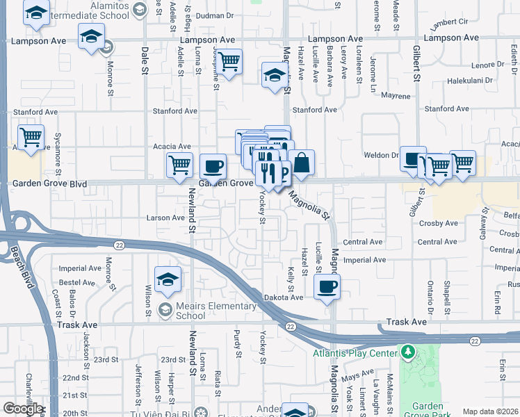 map of restaurants, bars, coffee shops, grocery stores, and more near 13082 Yockey Street in Garden Grove