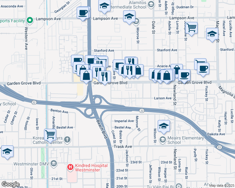 map of restaurants, bars, coffee shops, grocery stores, and more near 8057 Larson Avenue in Garden Grove