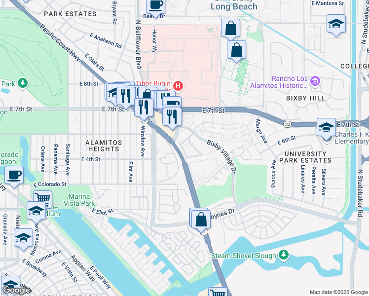 map of restaurants, bars, coffee shops, grocery stores, and more near 5934 Bixby Village Drive in Long Beach