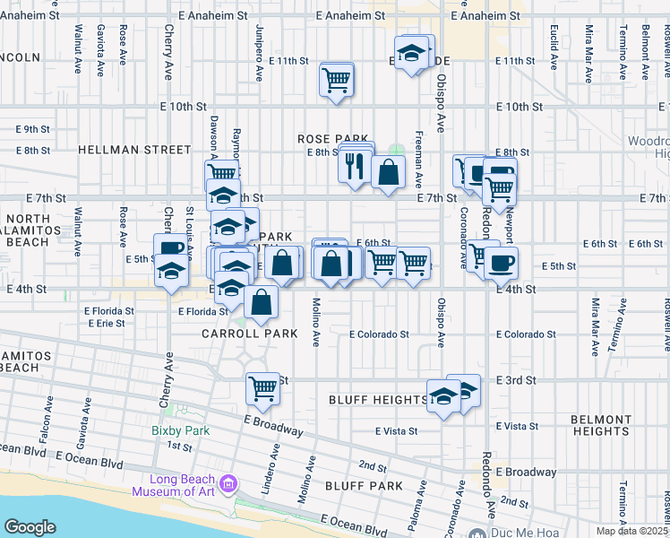 map of restaurants, bars, coffee shops, grocery stores, and more near 444 Ohio Avenue in Long Beach