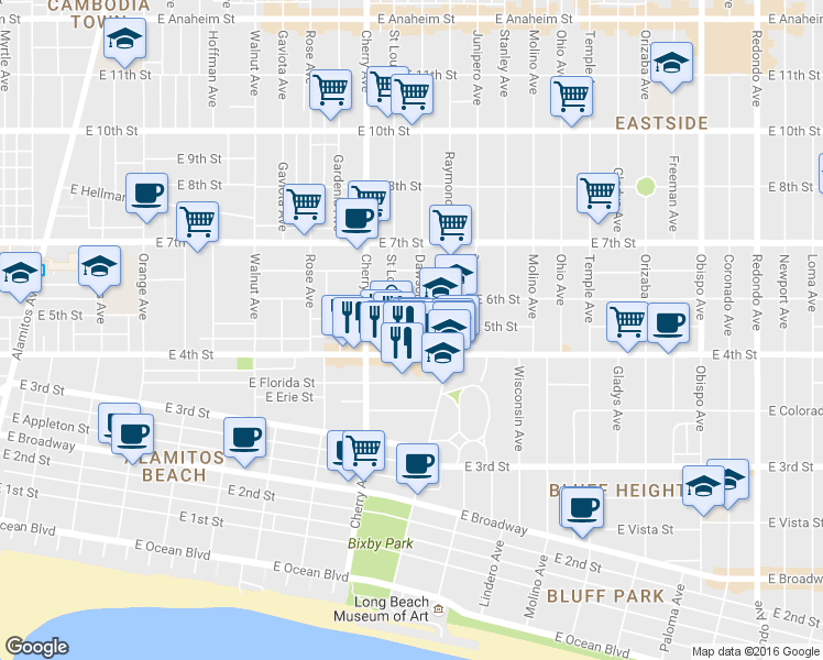 map of restaurants, bars, coffee shops, grocery stores, and more near 445 Dawson Avenue in Long Beach