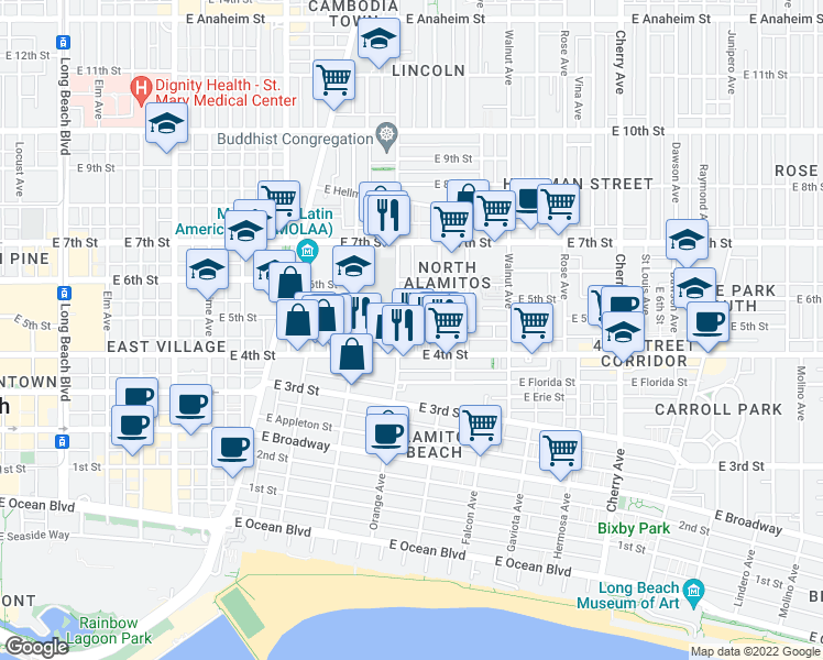 map of restaurants, bars, coffee shops, grocery stores, and more near 502 Orange Avenue in Long Beach