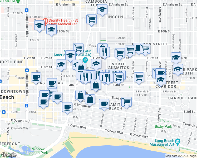 map of restaurants, bars, coffee shops, grocery stores, and more near 438 1/2 Cerritos Avenue in Long Beach