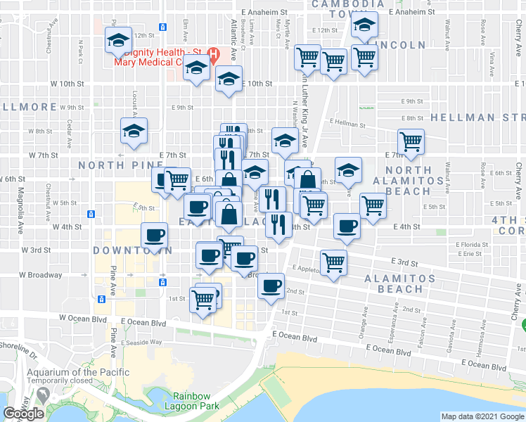 map of restaurants, bars, coffee shops, grocery stores, and more near 430 Lime Avenue in Long Beach