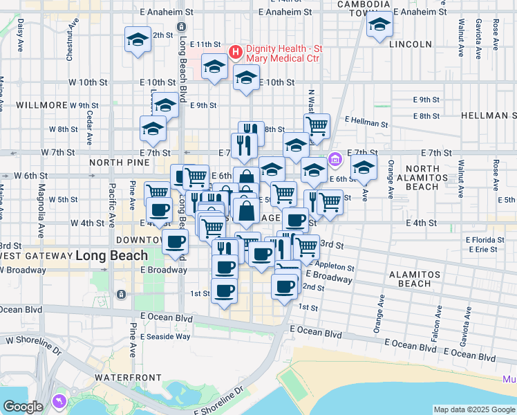map of restaurants, bars, coffee shops, grocery stores, and more near 440 Atlantic Avenue in Long Beach