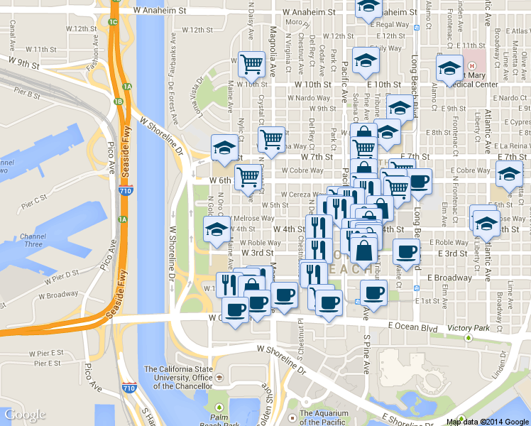 map of restaurants, bars, coffee shops, grocery stores, and more near 438 North Crystal Court in Long Beach