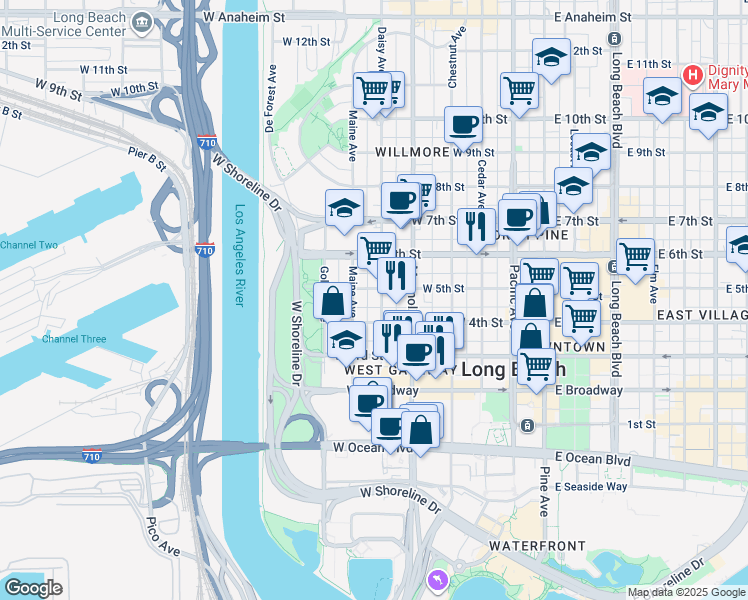 map of restaurants, bars, coffee shops, grocery stores, and more near 437 North Nylic Court in Long Beach