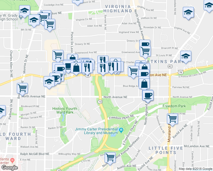 map of restaurants, bars, coffee shops, grocery stores, and more near 666 Park Village Drive Northeast in Atlanta