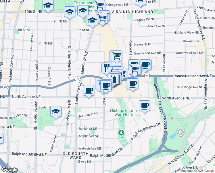 map of restaurants, bars, coffee shops, grocery stores, and more near 620 North Avenue Northeast in Atlanta