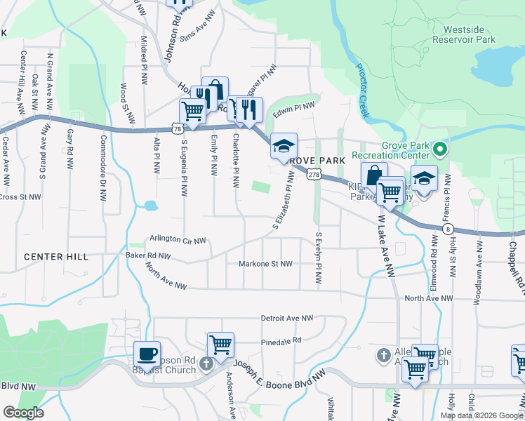map of restaurants, bars, coffee shops, grocery stores, and more near 1925 Maywood Place Northwest in Atlanta