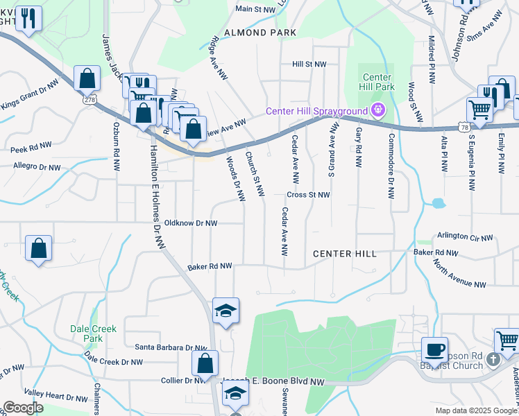 map of restaurants, bars, coffee shops, grocery stores, and more near 644 Church Street Northwest in Atlanta
