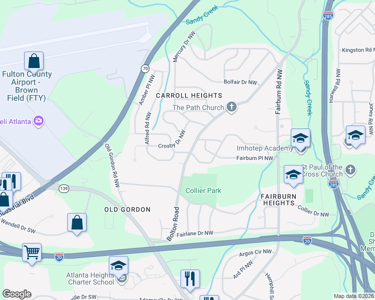 map of restaurants, bars, coffee shops, grocery stores, and more near 3649 Adkins Road Northwest in Atlanta