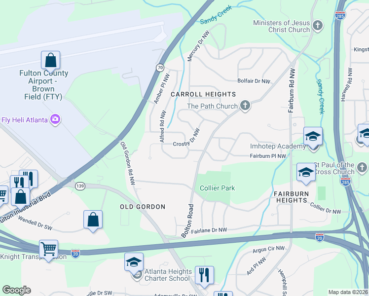map of restaurants, bars, coffee shops, grocery stores, and more near 3738 Crosby Drive Northwest in Atlanta
