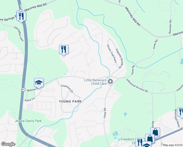 map of restaurants, bars, coffee shops, grocery stores, and more near 6288 Malone Road in Douglasville