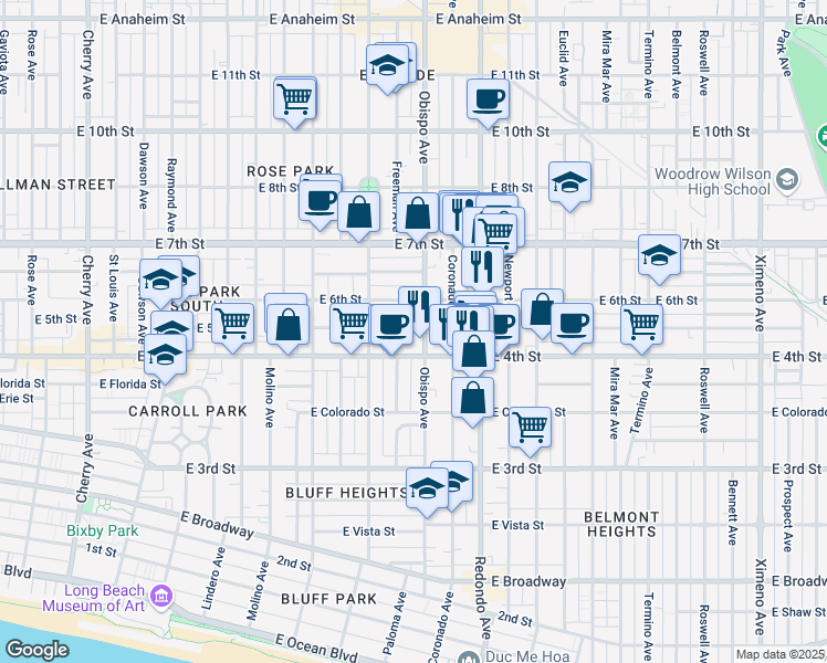 map of restaurants, bars, coffee shops, grocery stores, and more near 3124 East 5th Street in Long Beach