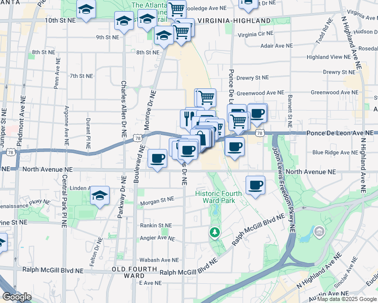 map of restaurants, bars, coffee shops, grocery stores, and more near 639 Glen Iris Drive Northeast in Atlanta