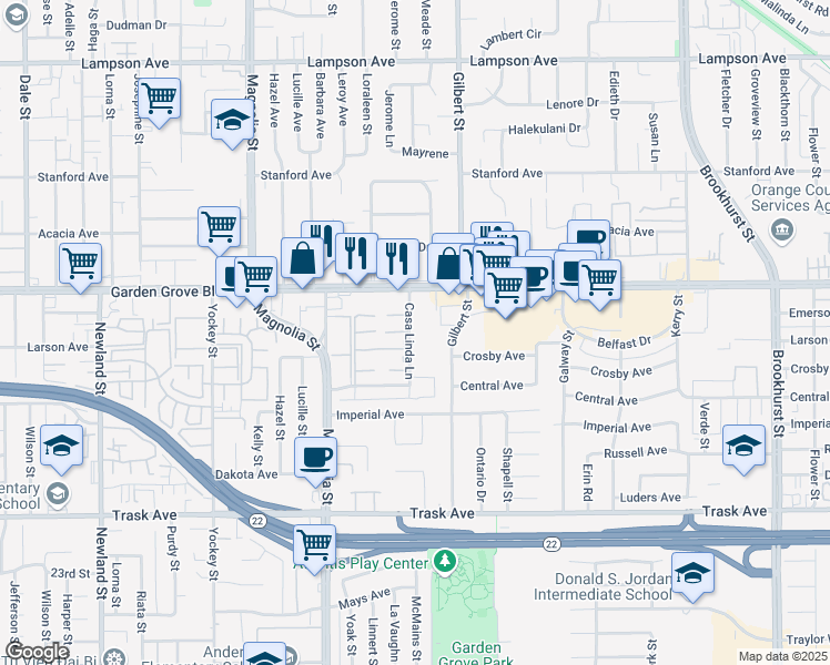 map of restaurants, bars, coffee shops, grocery stores, and more near 13072 Casa Linda Lane in Garden Grove