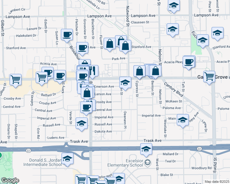 map of restaurants, bars, coffee shops, grocery stores, and more near 10181 Larson Avenue in Garden Grove