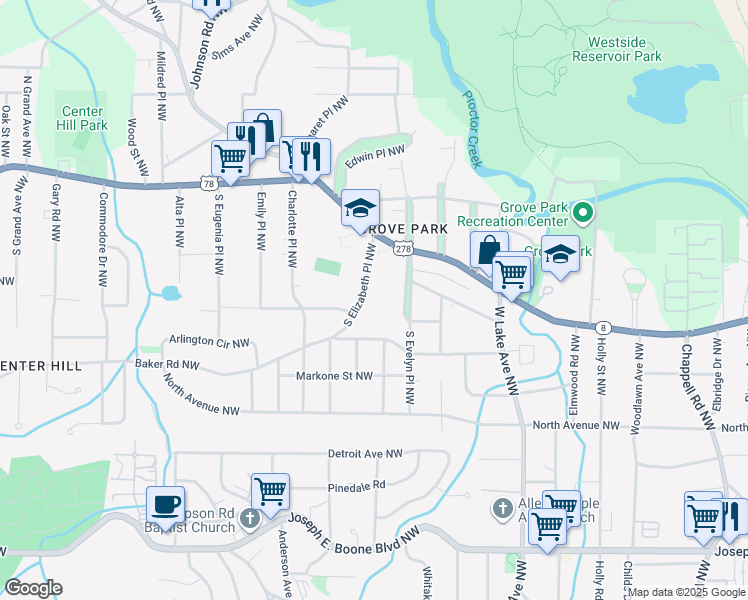map of restaurants, bars, coffee shops, grocery stores, and more near 645 South Elizabeth Place Northwest in Atlanta