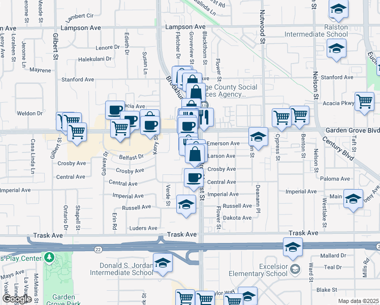 map of restaurants, bars, coffee shops, grocery stores, and more near 13101 Brookhurst Street in Garden Grove