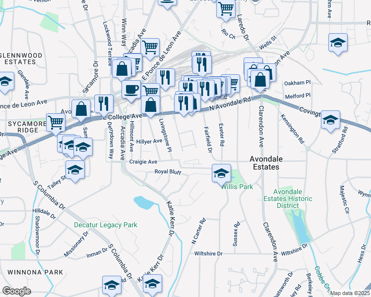 map of restaurants, bars, coffee shops, grocery stores, and more near 845 Twin Oaks Drive in Decatur