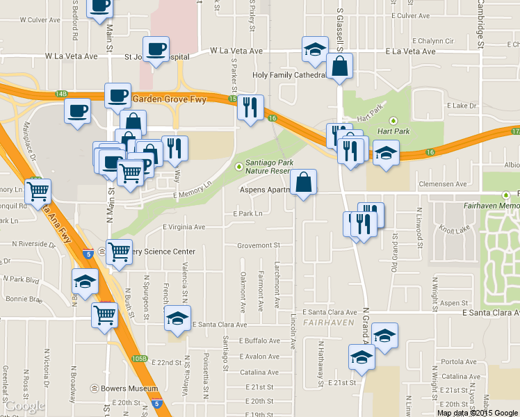map of restaurants, bars, coffee shops, grocery stores, and more near 907 E Park Ln in Santa Ana