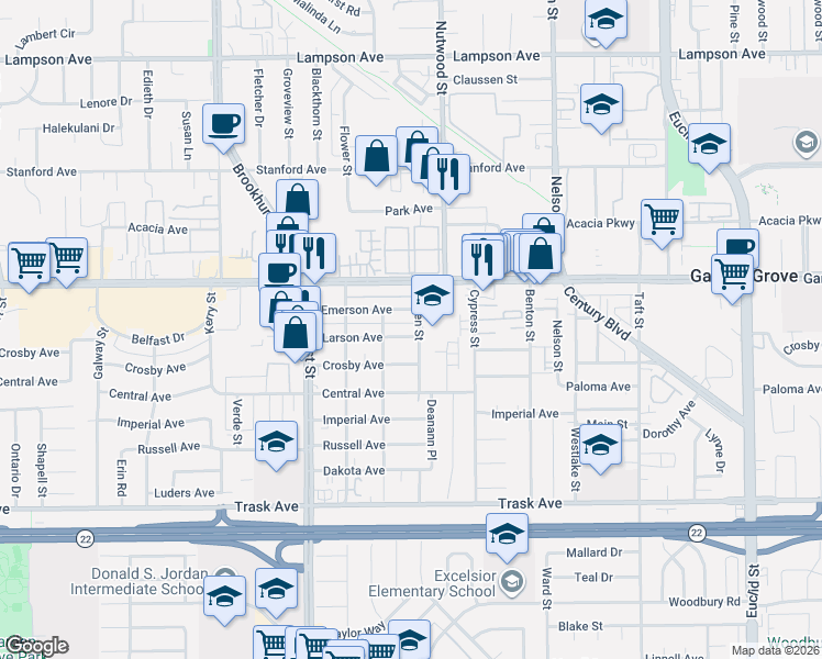 map of restaurants, bars, coffee shops, grocery stores, and more near 10211 Larson Avenue in Garden Grove