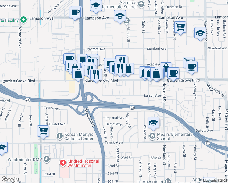 map of restaurants, bars, coffee shops, grocery stores, and more near 8057 Larson Avenue in Garden Grove