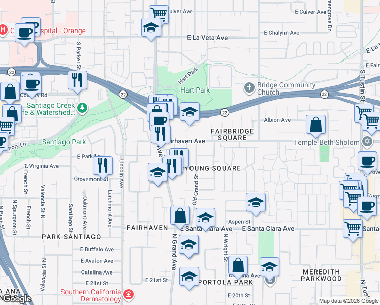 map of restaurants, bars, coffee shops, grocery stores, and more near 2621 Jacaranda Street in Santa Ana