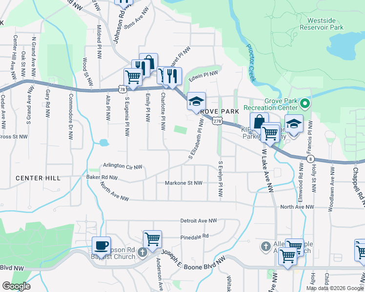 map of restaurants, bars, coffee shops, grocery stores, and more near 630 South Elizabeth Place Northwest in Atlanta
