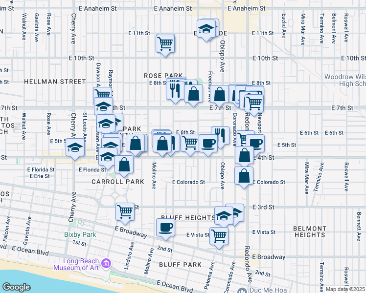 map of restaurants, bars, coffee shops, grocery stores, and more near 2836 East 5th Street in Long Beach