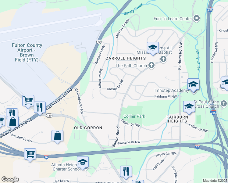 map of restaurants, bars, coffee shops, grocery stores, and more near 3738 Crosby Drive Northwest in Atlanta