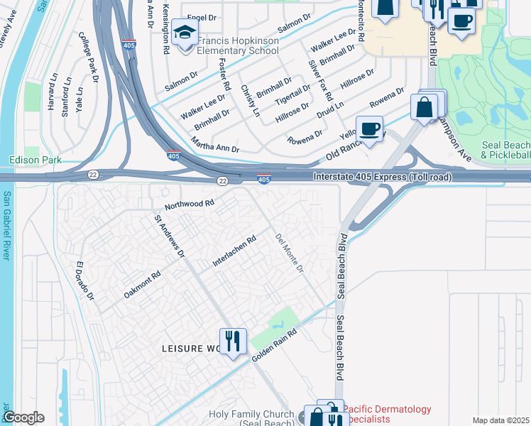 map of restaurants, bars, coffee shops, grocery stores, and more near 13120 Del Monte Drive in Seal Beach