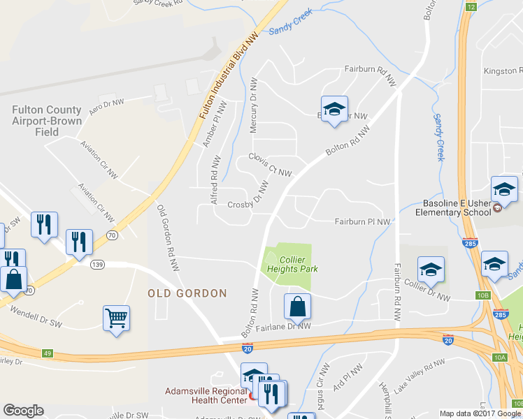 map of restaurants, bars, coffee shops, grocery stores, and more near 3649 Adkins Road Northwest in Atlanta