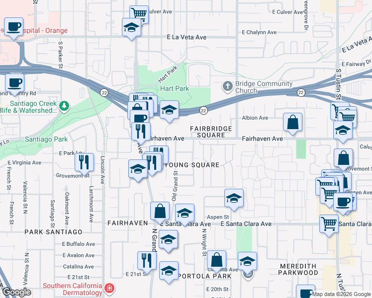 map of restaurants, bars, coffee shops, grocery stores, and more near 1419 Keegan Way in Santa Ana