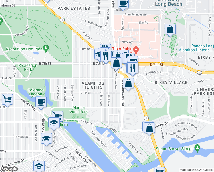 map of restaurants, bars, coffee shops, grocery stores, and more near 445 Flint Avenue in Long Beach