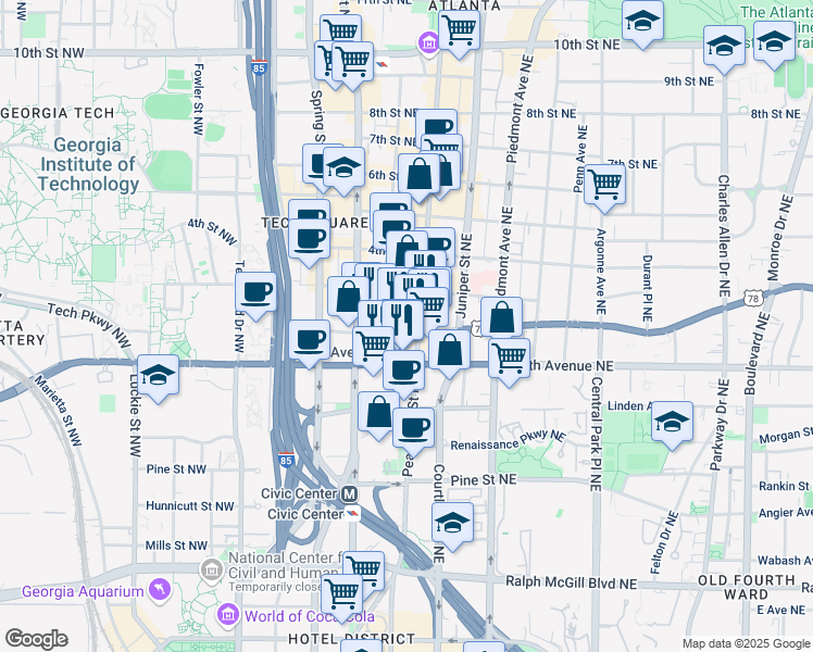 map of restaurants, bars, coffee shops, grocery stores, and more near 660 West Peachtree Street Northwest in Atlanta
