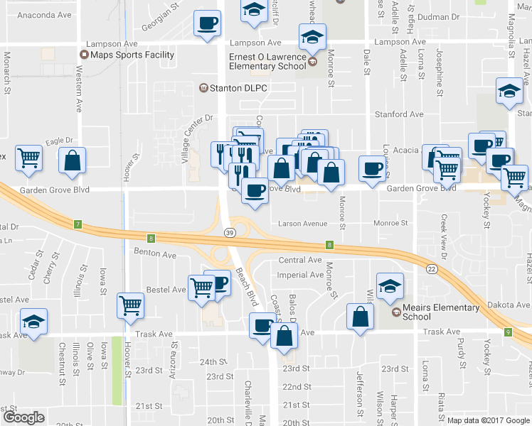 map of restaurants, bars, coffee shops, grocery stores, and more near 13091 Coast Street in Garden Grove