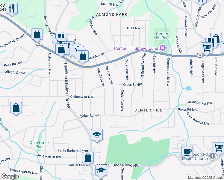 map of restaurants, bars, coffee shops, grocery stores, and more near 644 Church Street Northwest in Atlanta