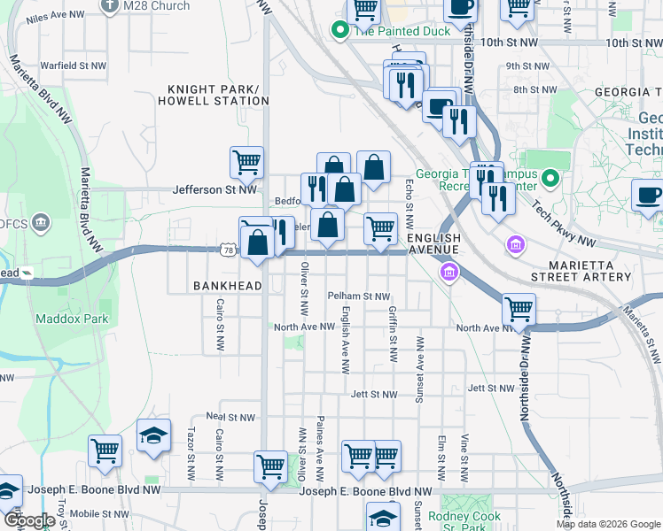 map of restaurants, bars, coffee shops, grocery stores, and more near 811 Fox Street Northwest in Atlanta