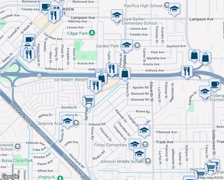map of restaurants, bars, coffee shops, grocery stores, and more near 13036 Springarden Lane in Westminster