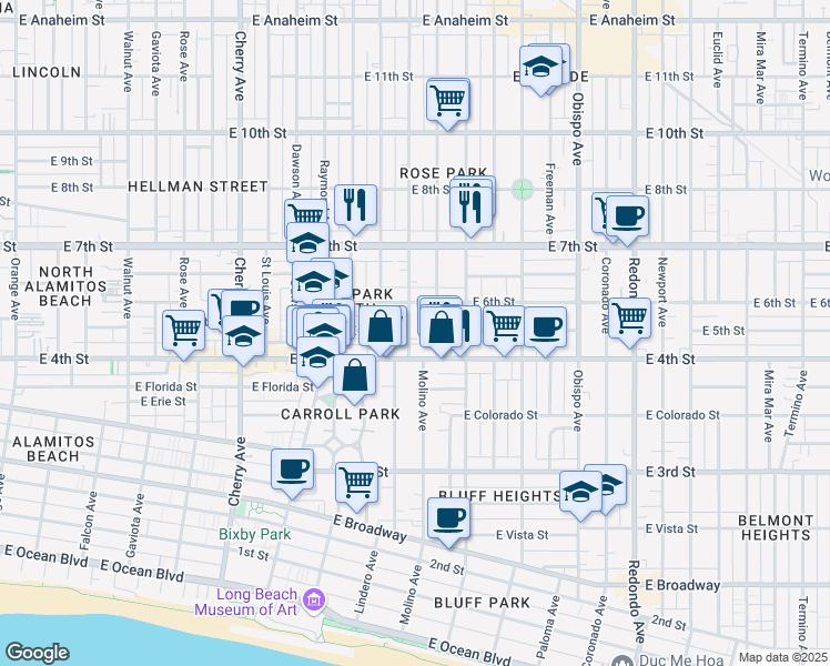 map of restaurants, bars, coffee shops, grocery stores, and more near 442 Molino Avenue in Long Beach