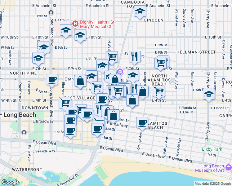 map of restaurants, bars, coffee shops, grocery stores, and more near 440 Zona Court in Long Beach