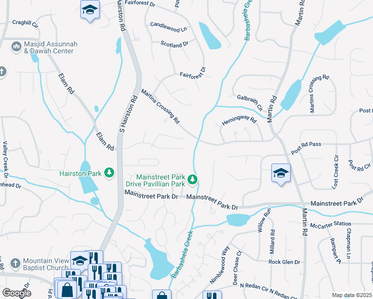map of restaurants, bars, coffee shops, grocery stores, and more near 4911 Hairston Place in Stone Mountain