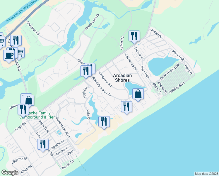 map of restaurants, bars, coffee shops, grocery stores, and more near 403 Lafayette Road in Myrtle Beach
